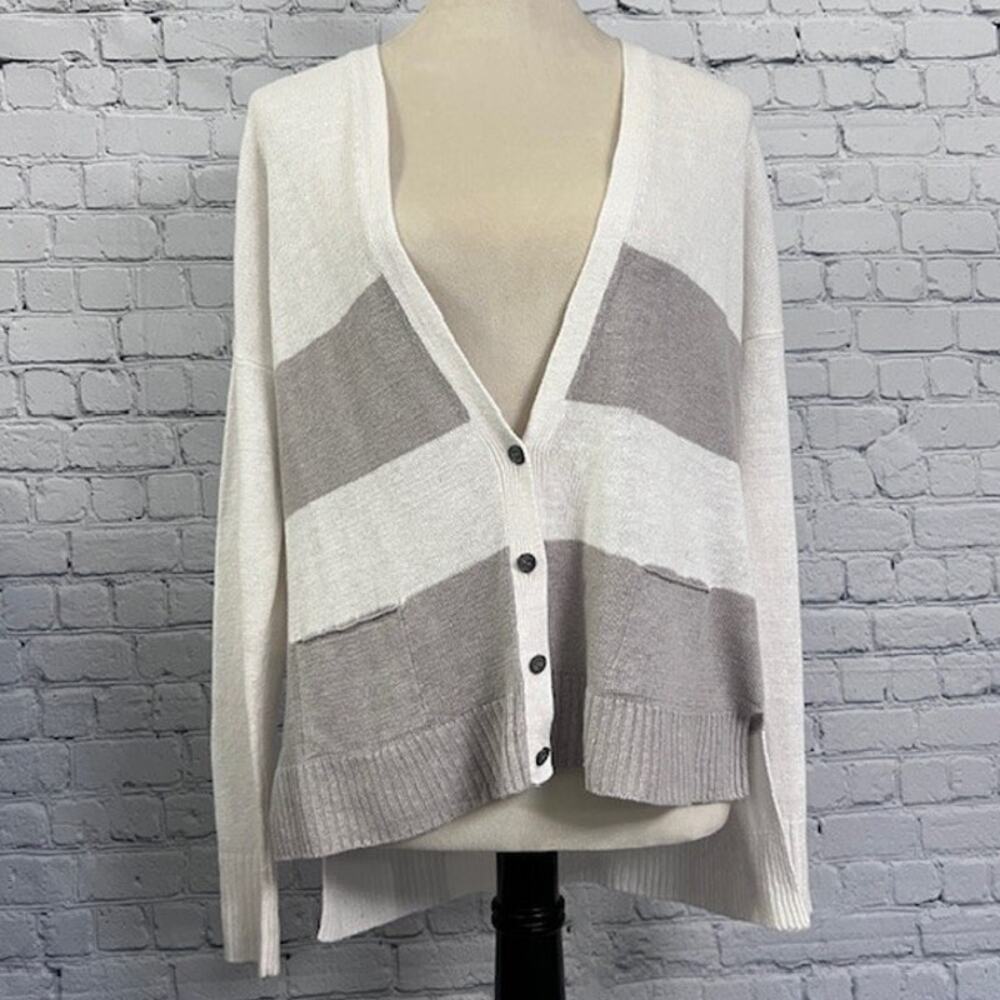 Eileen Fisher Sweater Women's X-Small White Tan 100% Linen Button Up Cardigan
